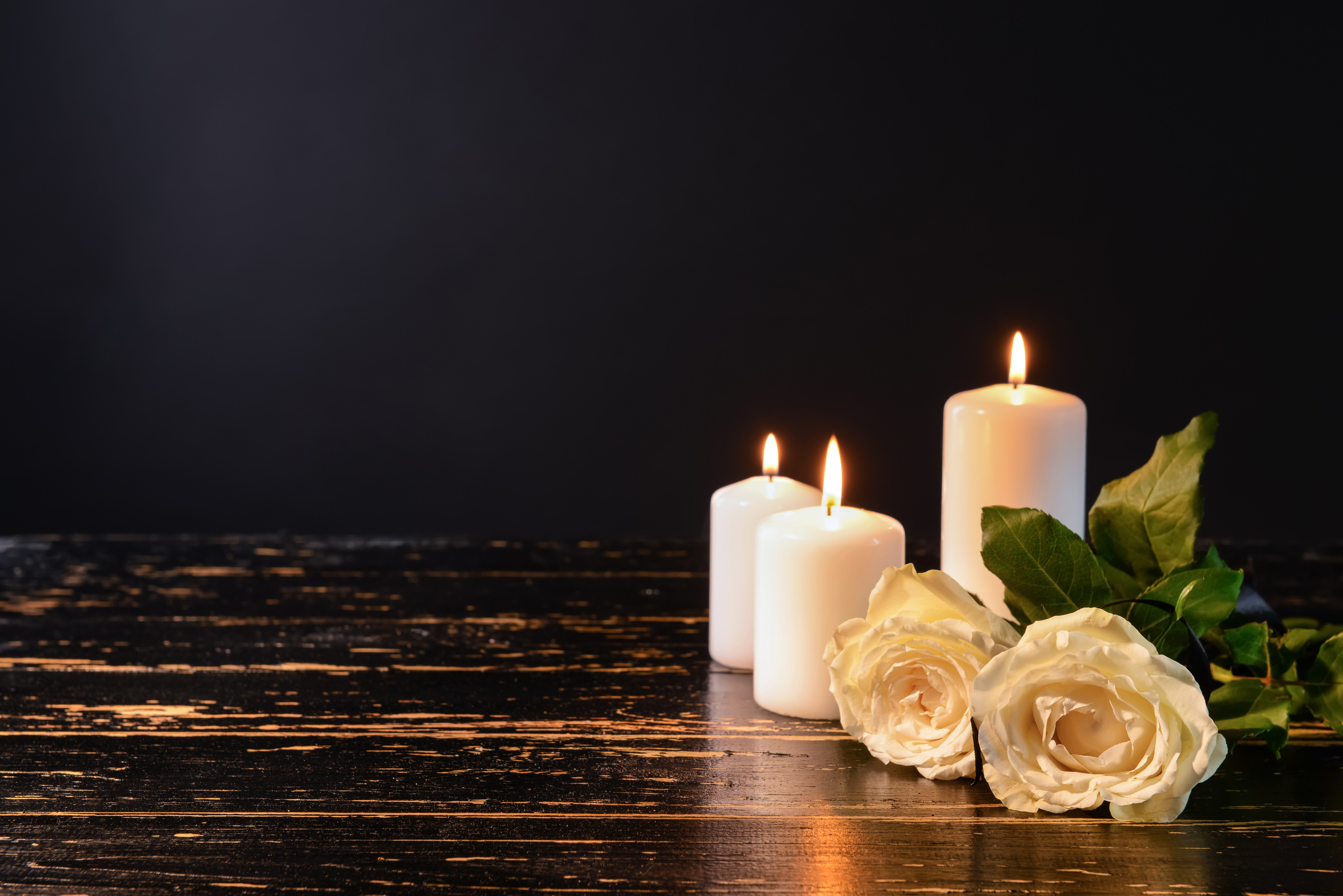 Burning Candles and Flowers on Table against Black Background